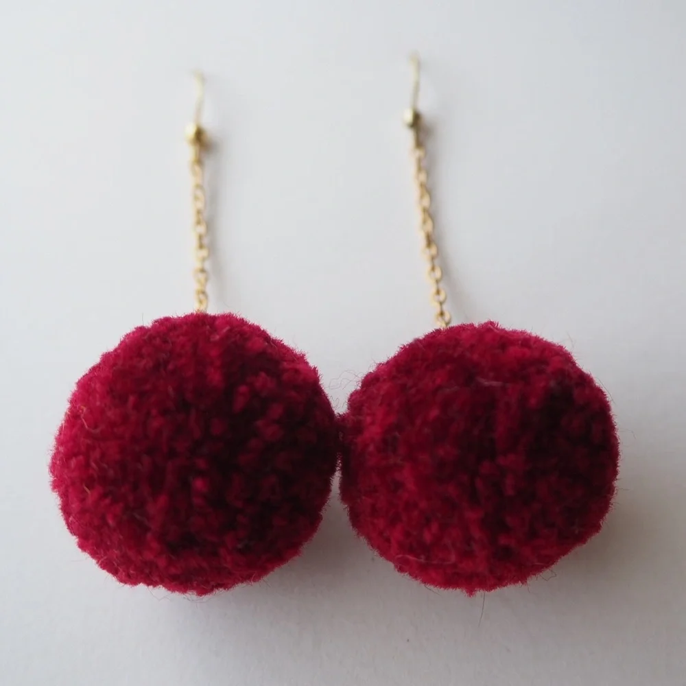 Red Burgundy Pom Pom Dangle Earrings Nickel Free - Picture 3 of 5